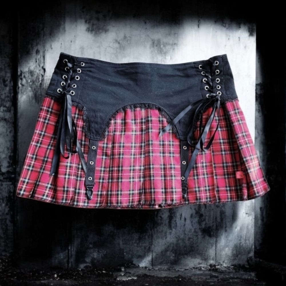 ​🔥 Rare Vintage Tripp NYC Daang Goodman Plaid Corset Garter Mini Skirt